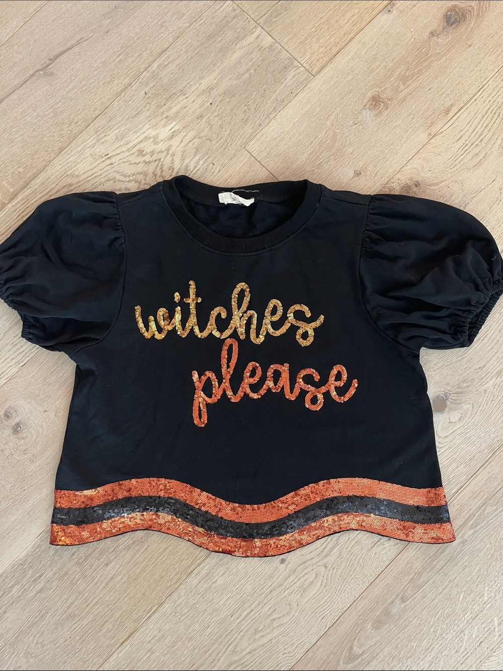 Peach Love California Black Short Sleeve Sequin 'Witches Please' Shirt Size S